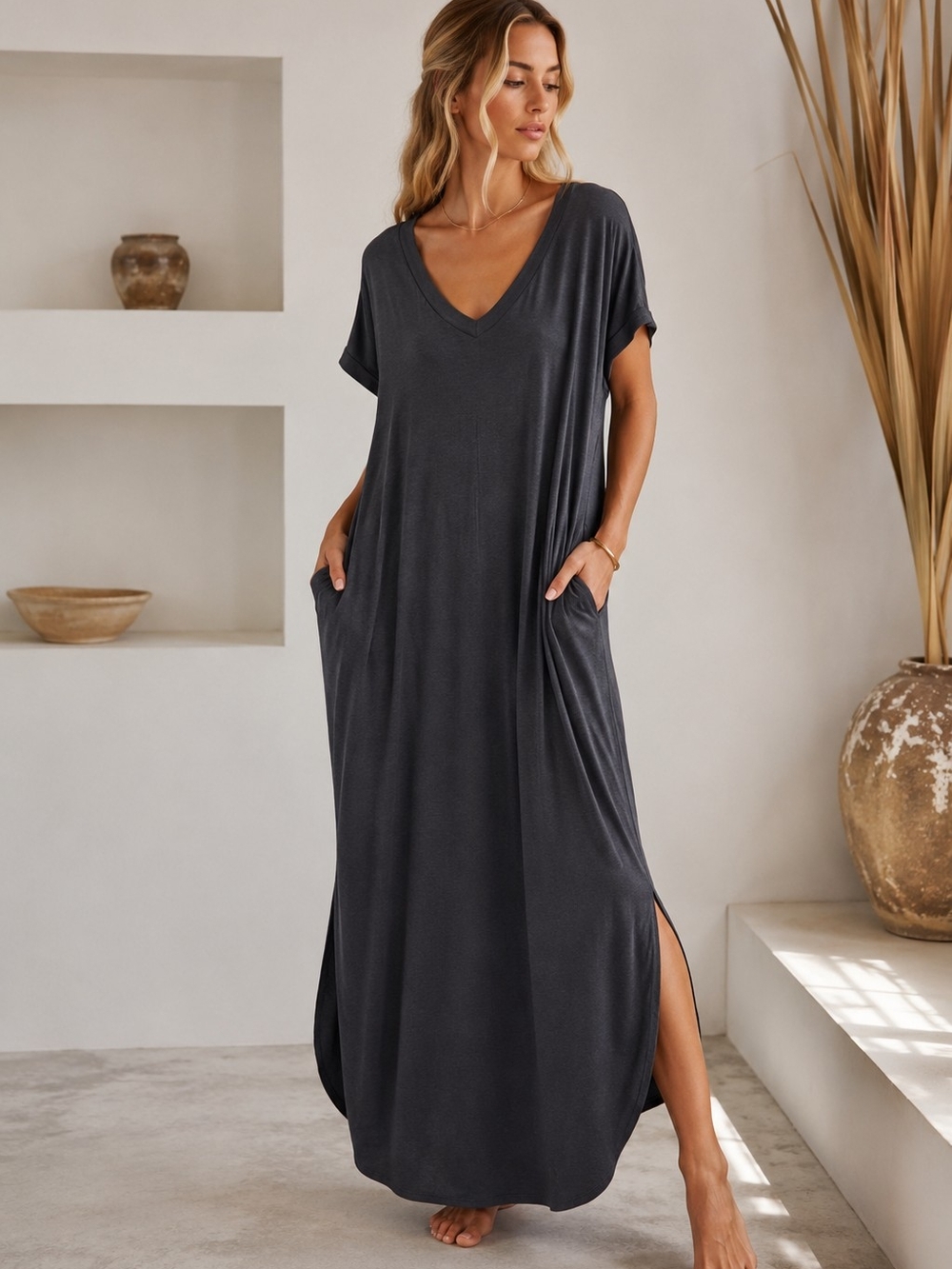 Love Kuza Charcoal/Mauve Minimalist Maxi Dress L Lounge Caftan Pocket Dress